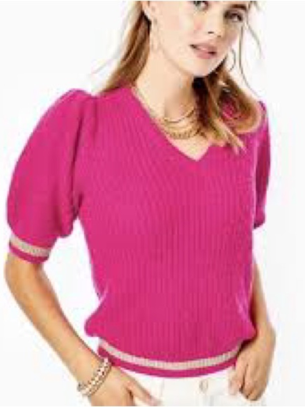 Lilly Pulitzer Bright Hot Pink V-Neck Puff-Sleeve Sweater 1243